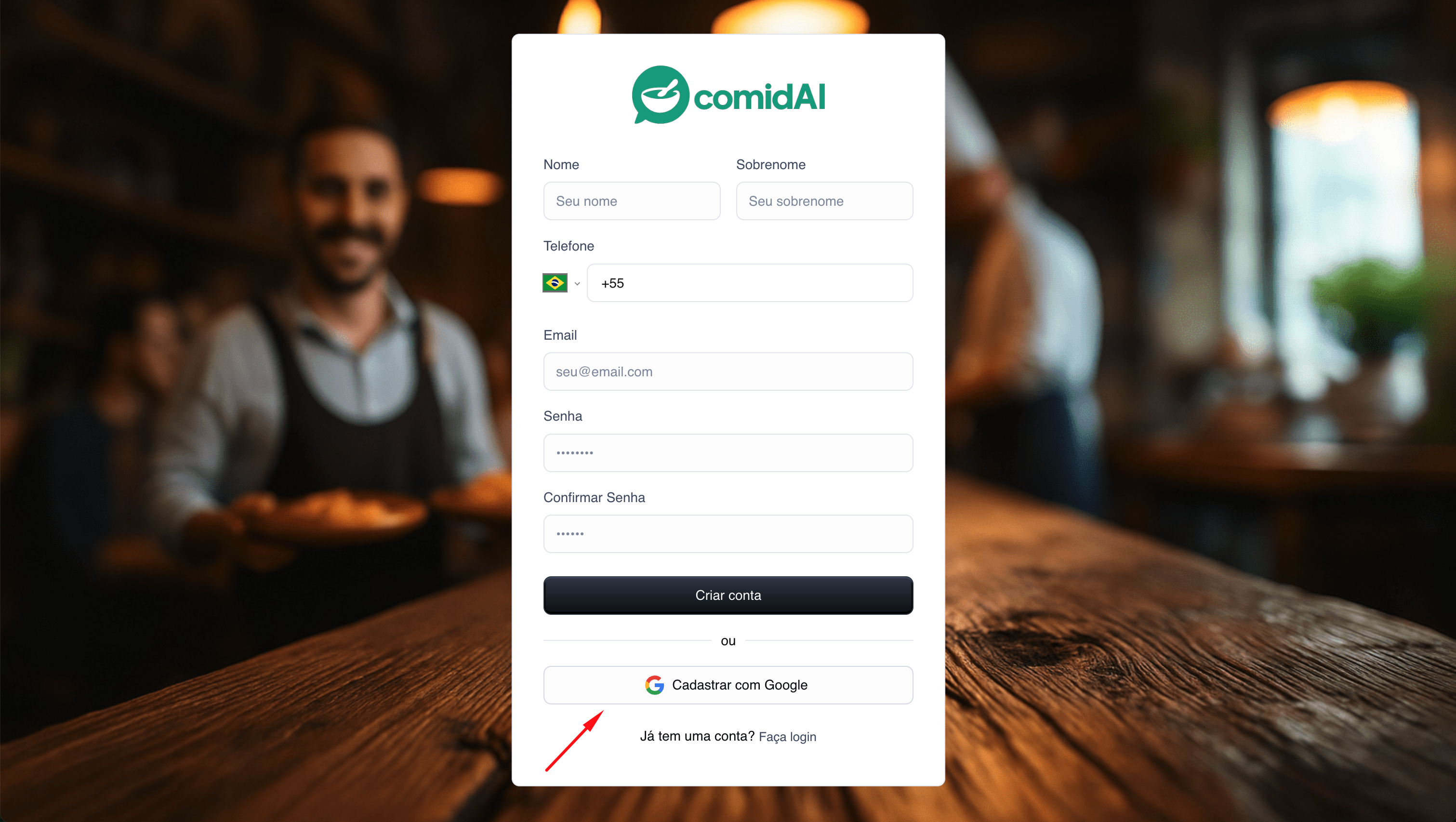 Tela para cadastro de usuário.