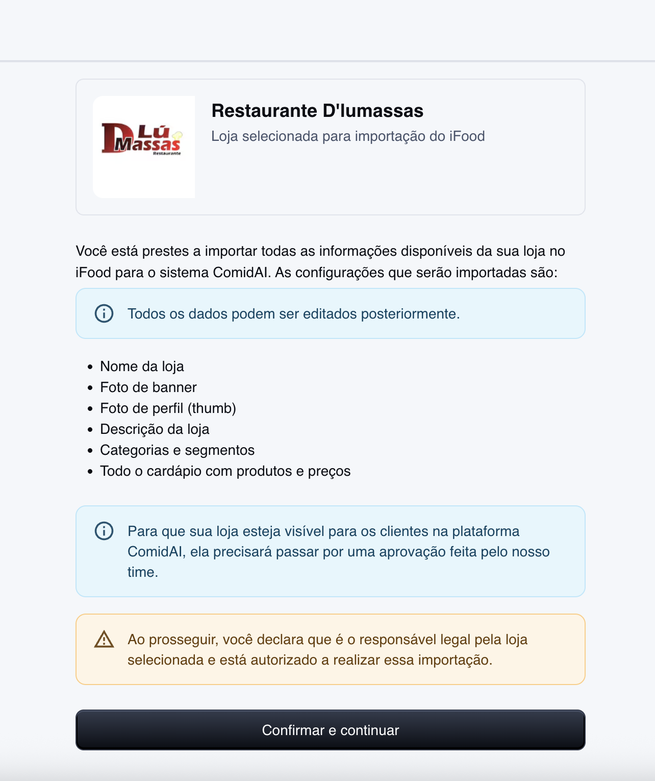 Confirmar a importação da loja para o ComidAI