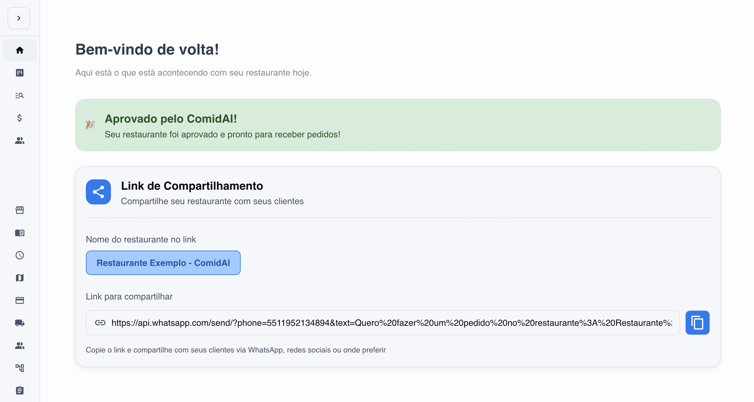 Tela após aprovação do cadastro pelo time ComidAI