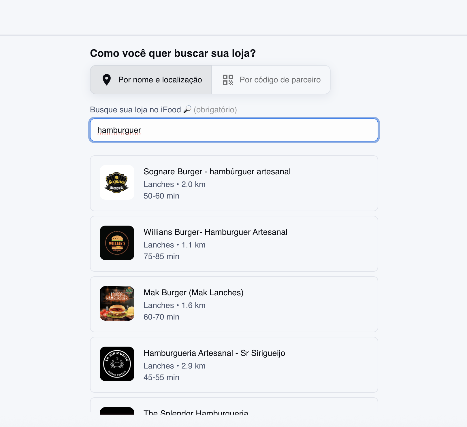 Busca pelo nome da loja no iFood