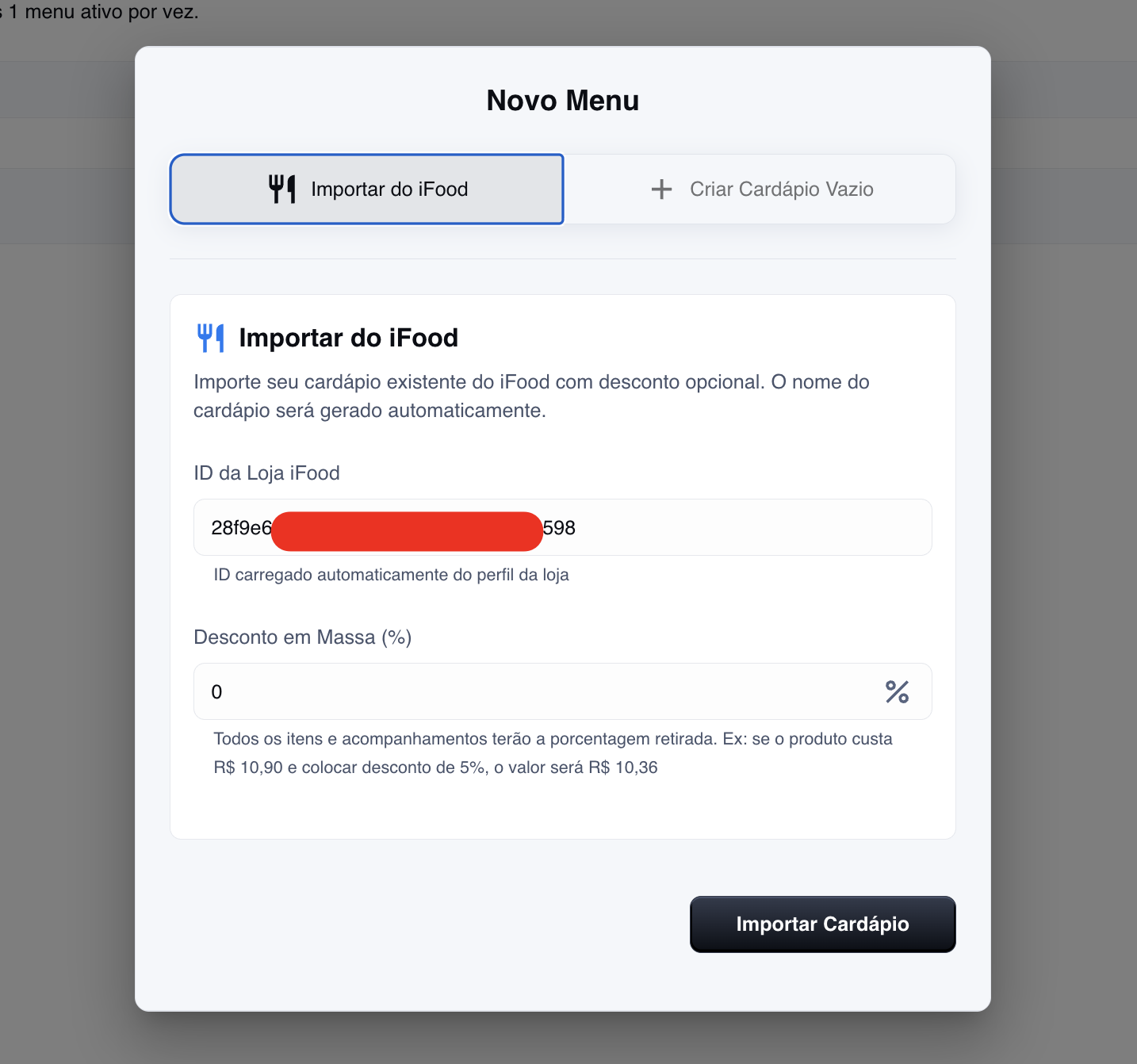 Tela para criação de menu