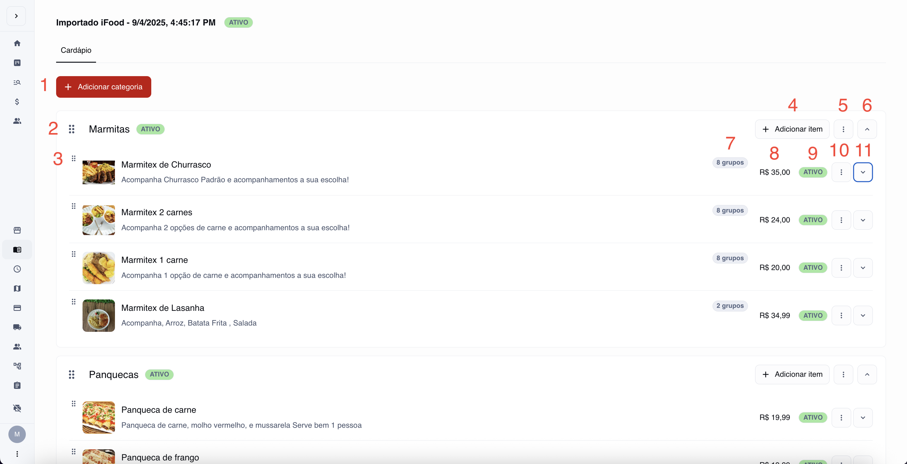 Tela para editar o seu menu