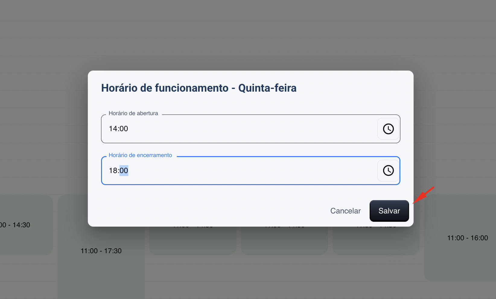 Clique para alterar o seu horário de funcionamento
