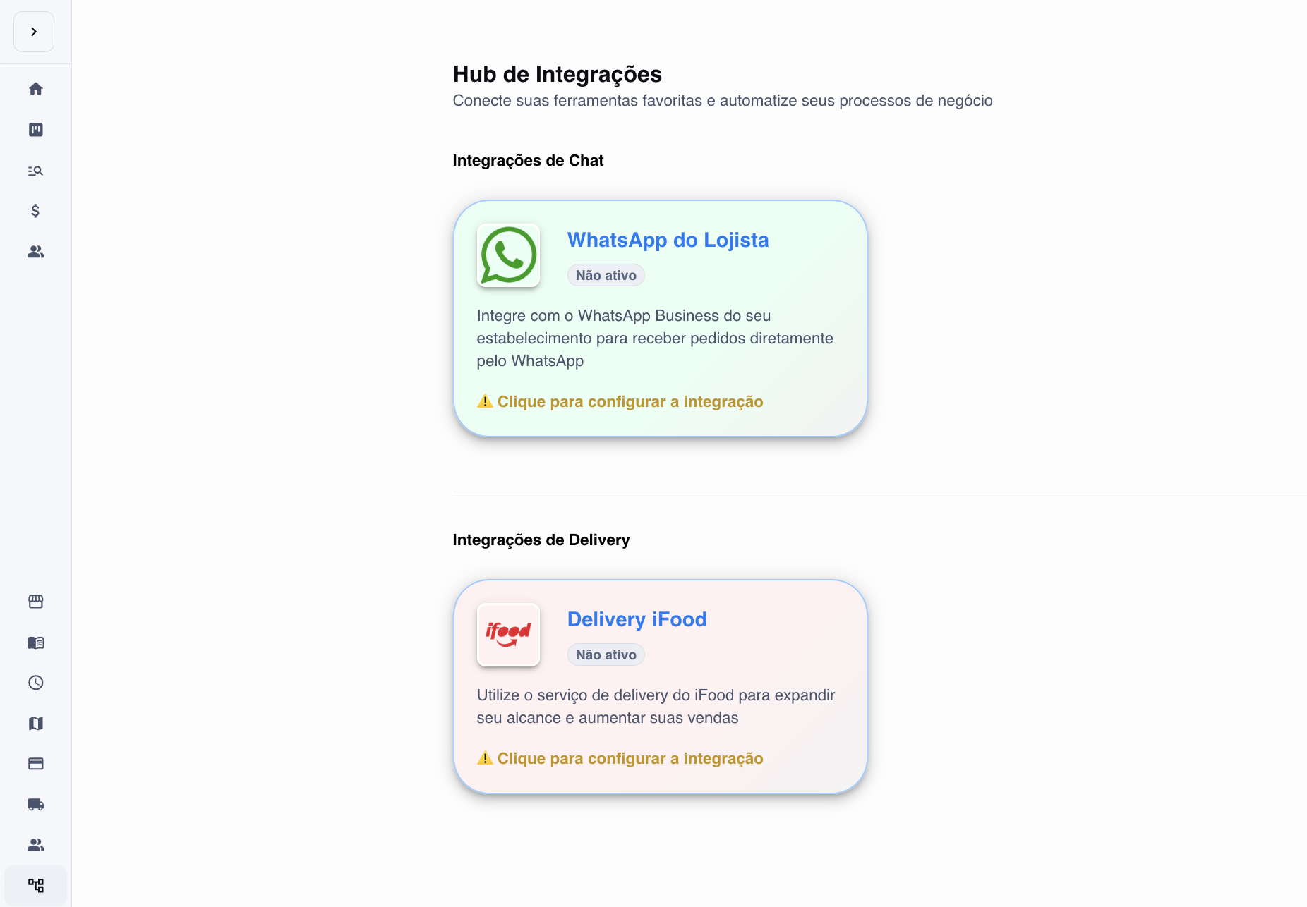 Tela com as integrações do ComidAI