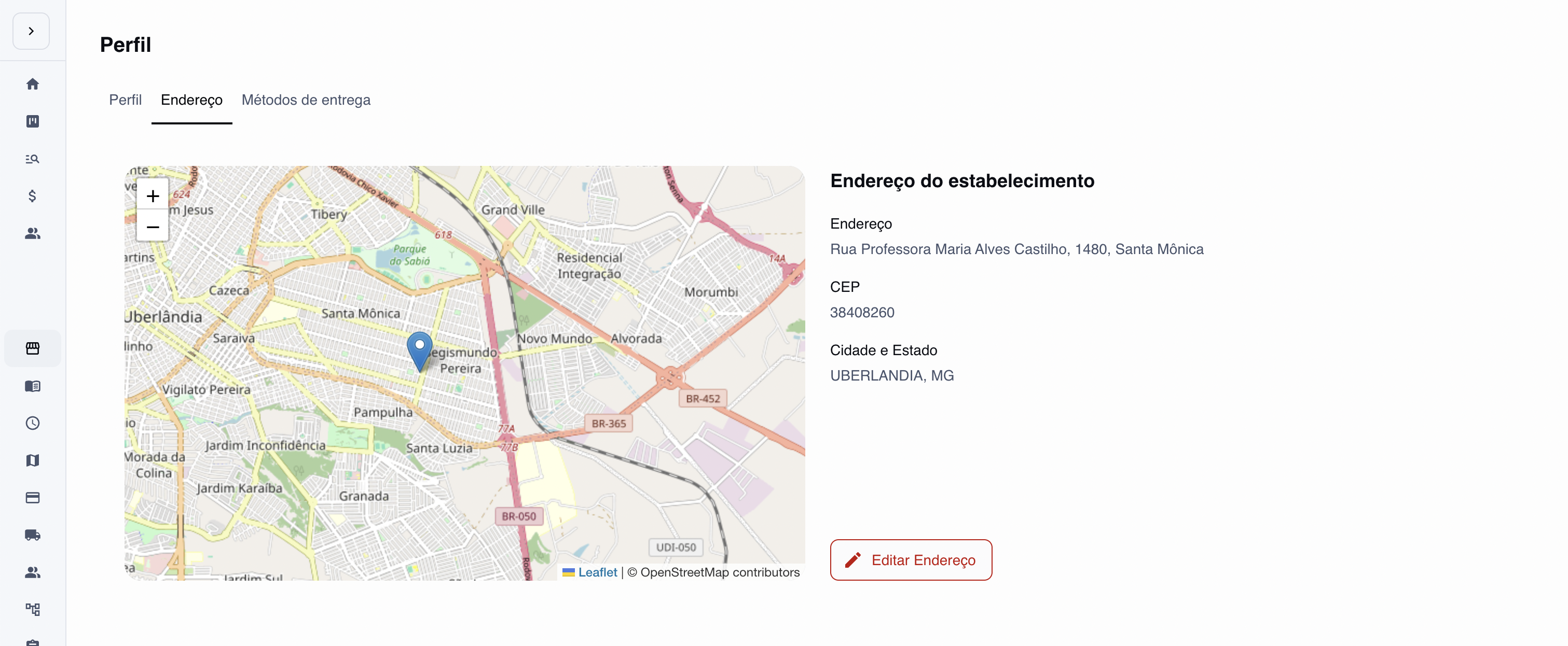 Tela para editar o endereço da loja