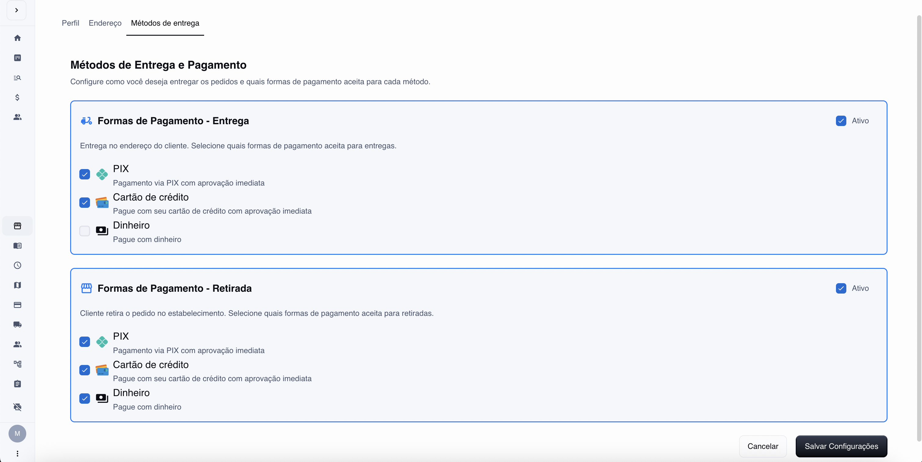 Tela para configurar os meios de entrega e de recebimento