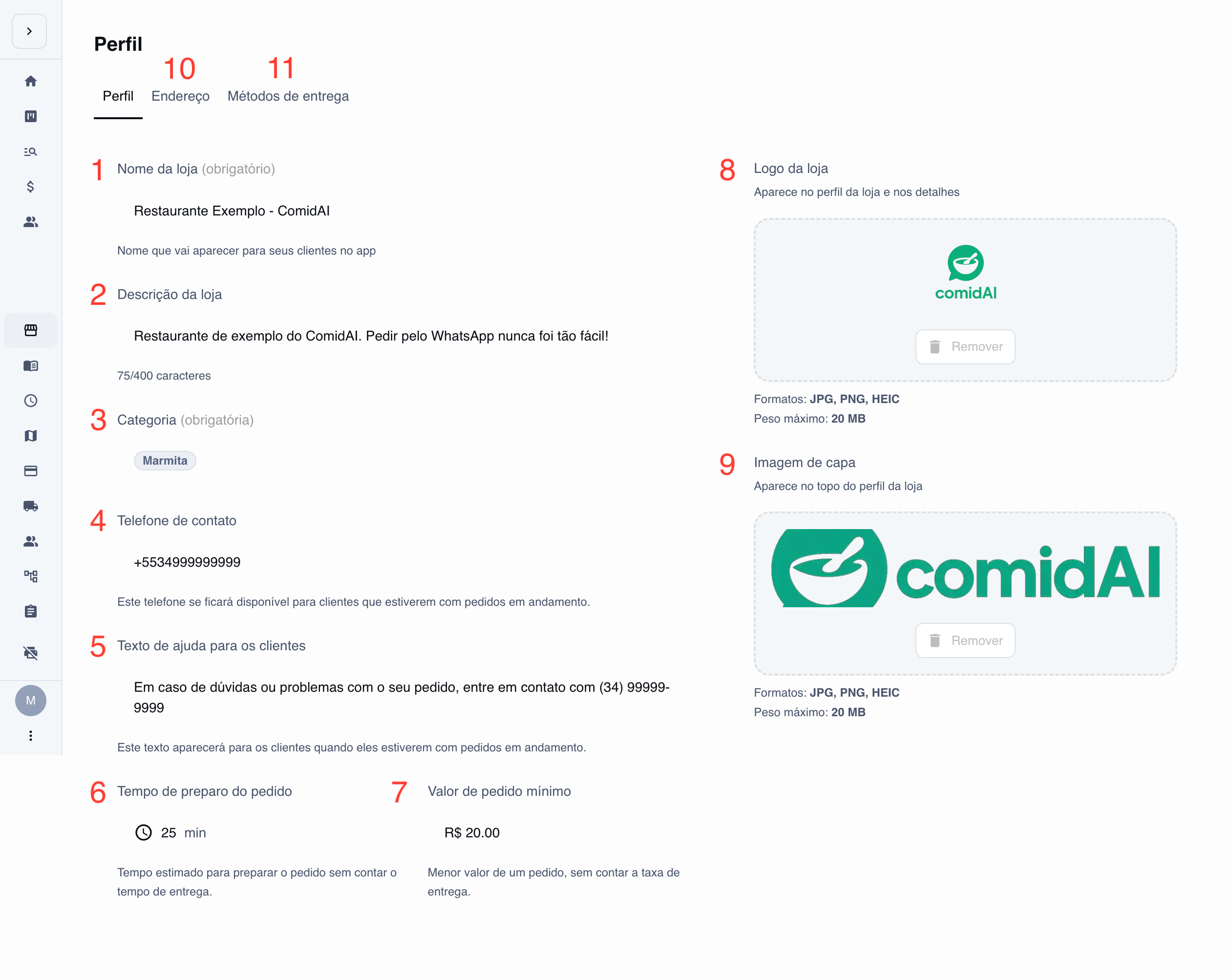 Tela de perfil do lojista