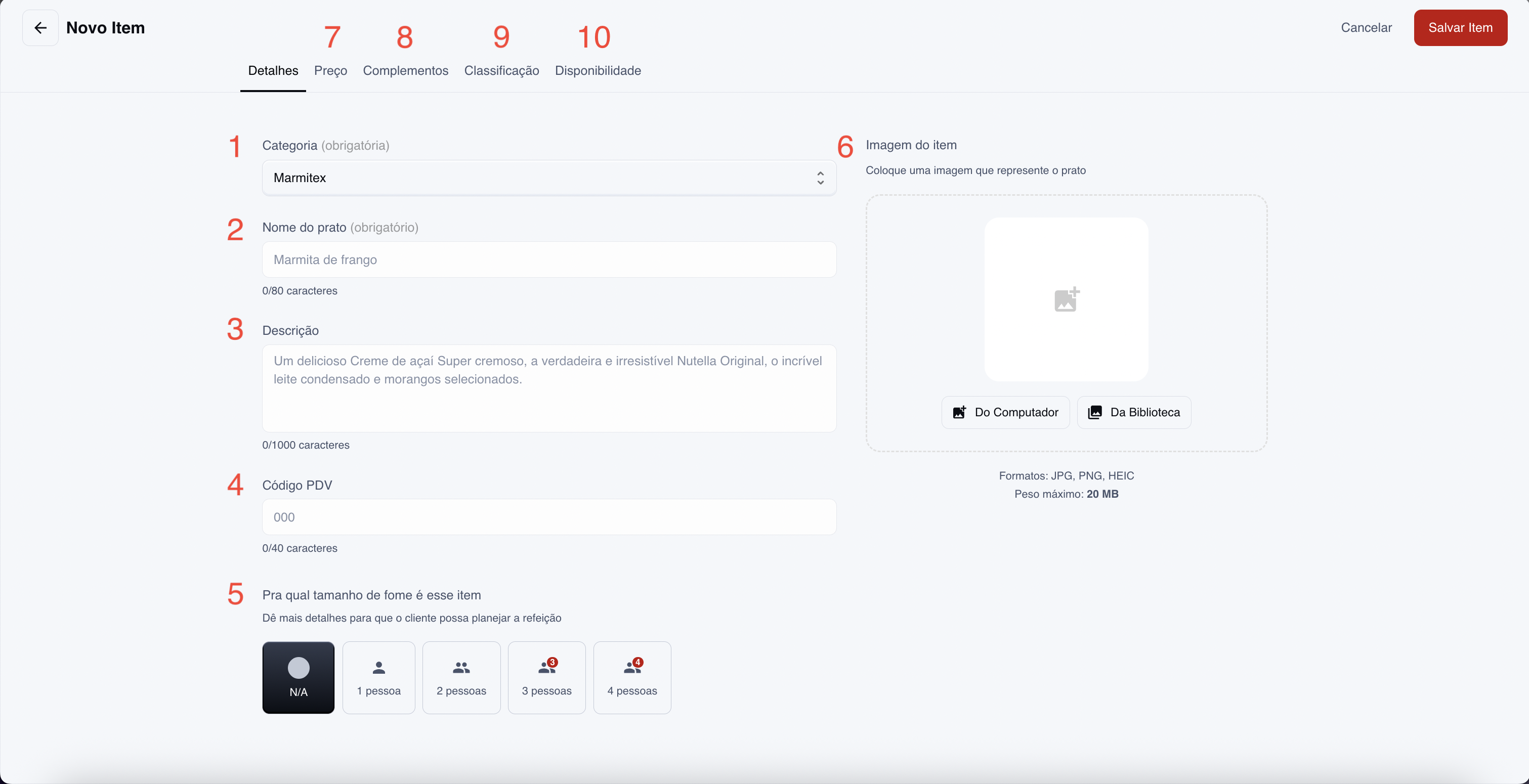 Criar um novo item/produto em seu menu