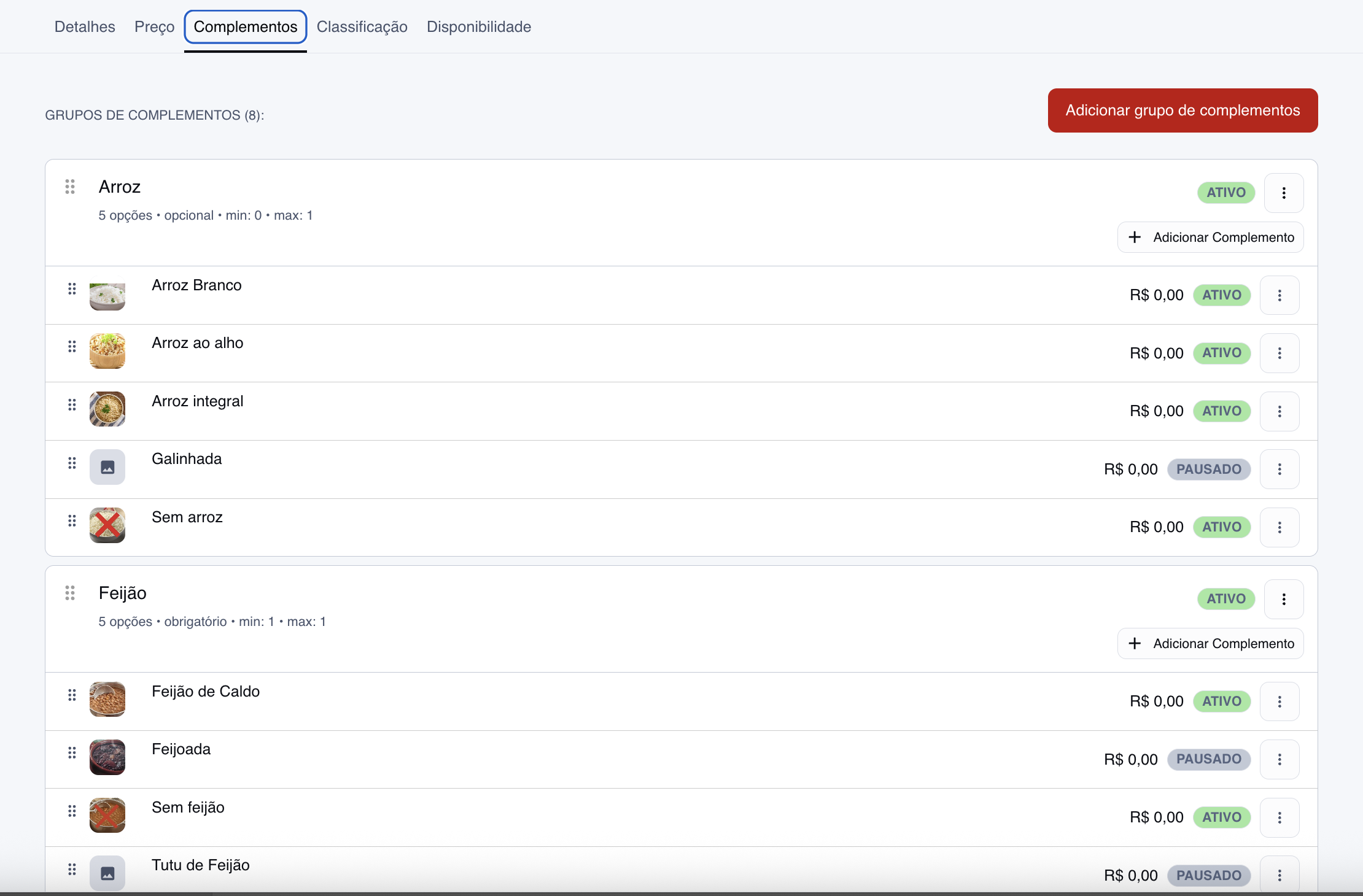 Insira complementos no seu produto