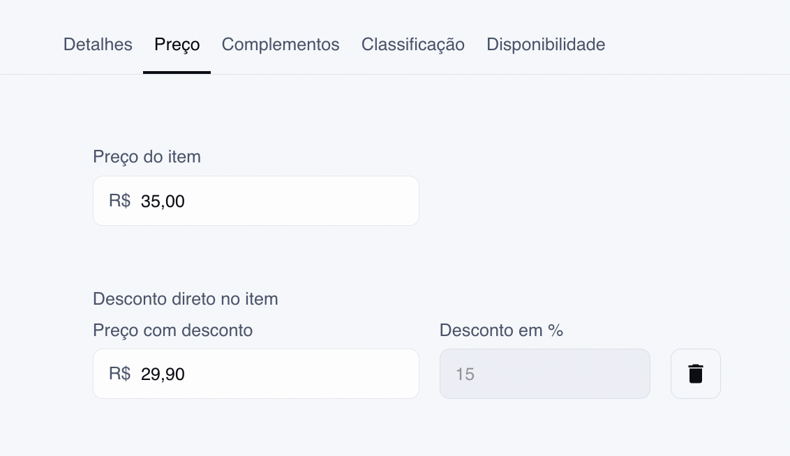 Preço para o item do seu menu
