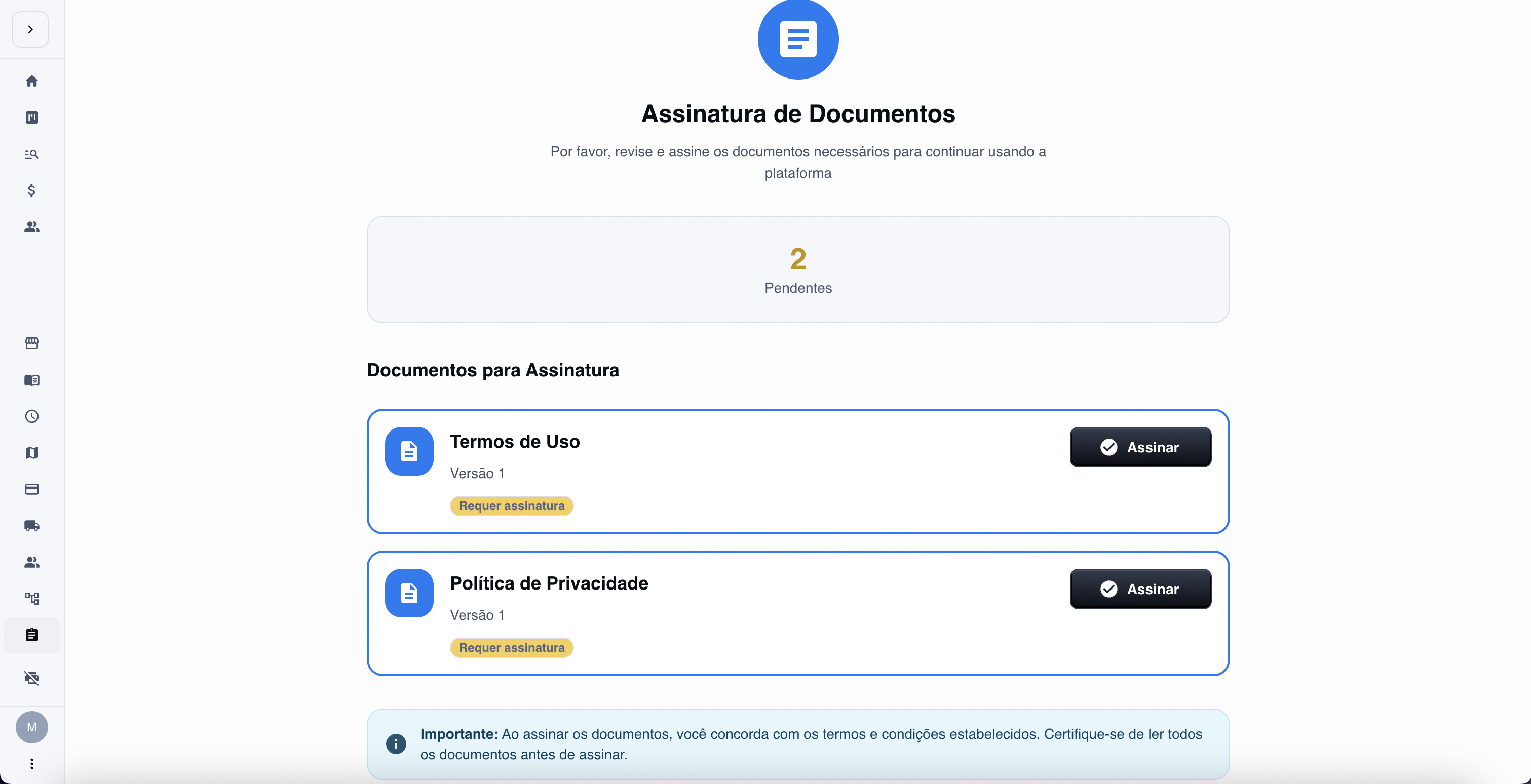 Tela de termos e condições