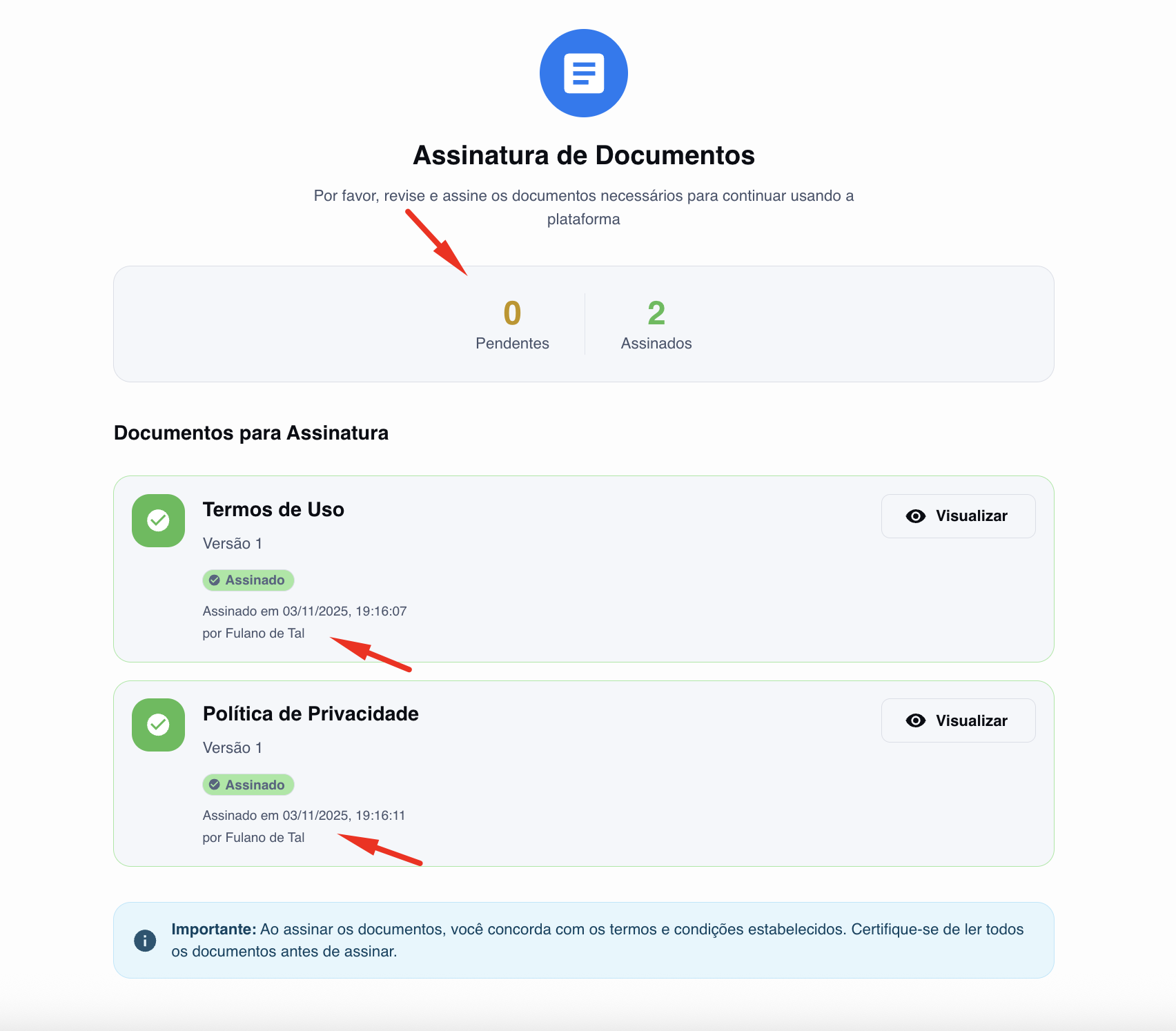 Tela de termos e condições após a assinatura dos termos